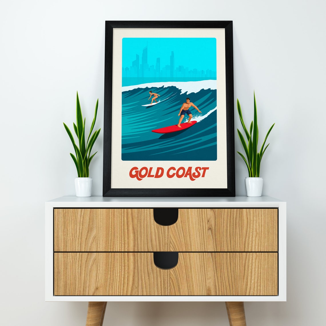 Gold Coast Surf Poster with Two Surfers and City Skyline Australia - Image 4