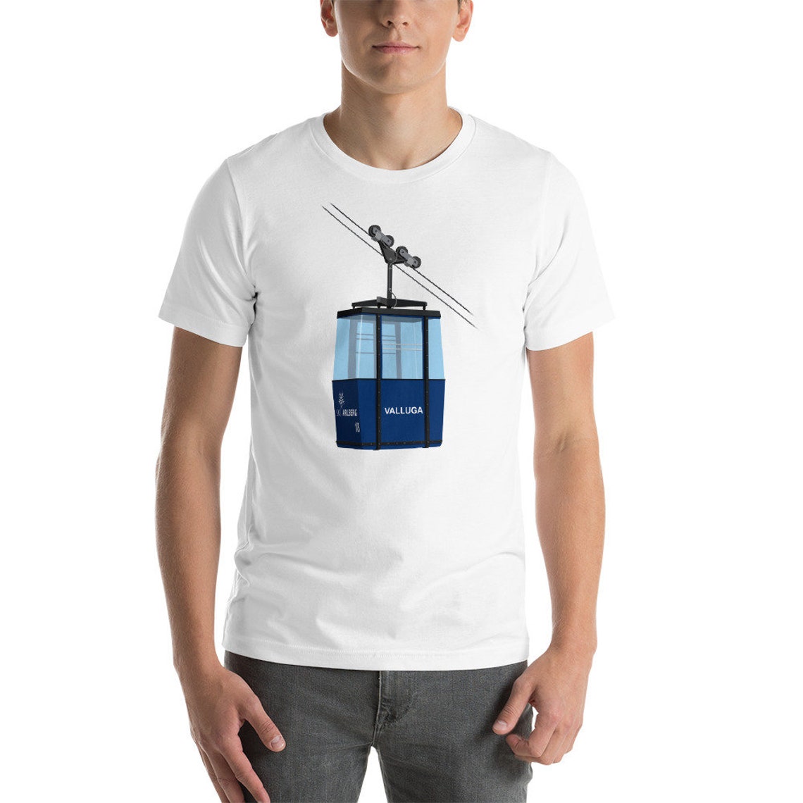 Valluga St Anton Blue Gondola Ski Graphic Tee Short Sleeve Art Print - Image 4