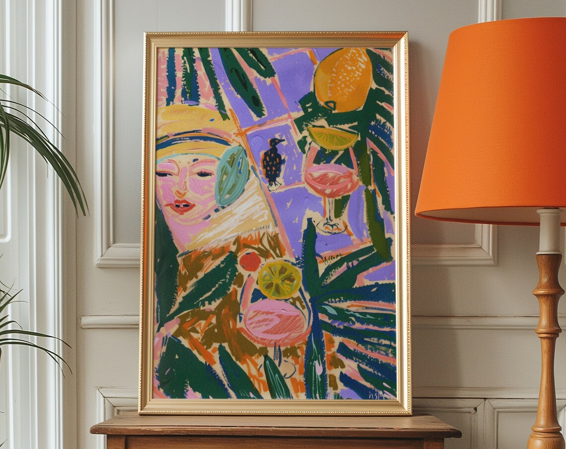 Fauvist Woman Portrait With Tropical Cocktails Purple Modern Poster
