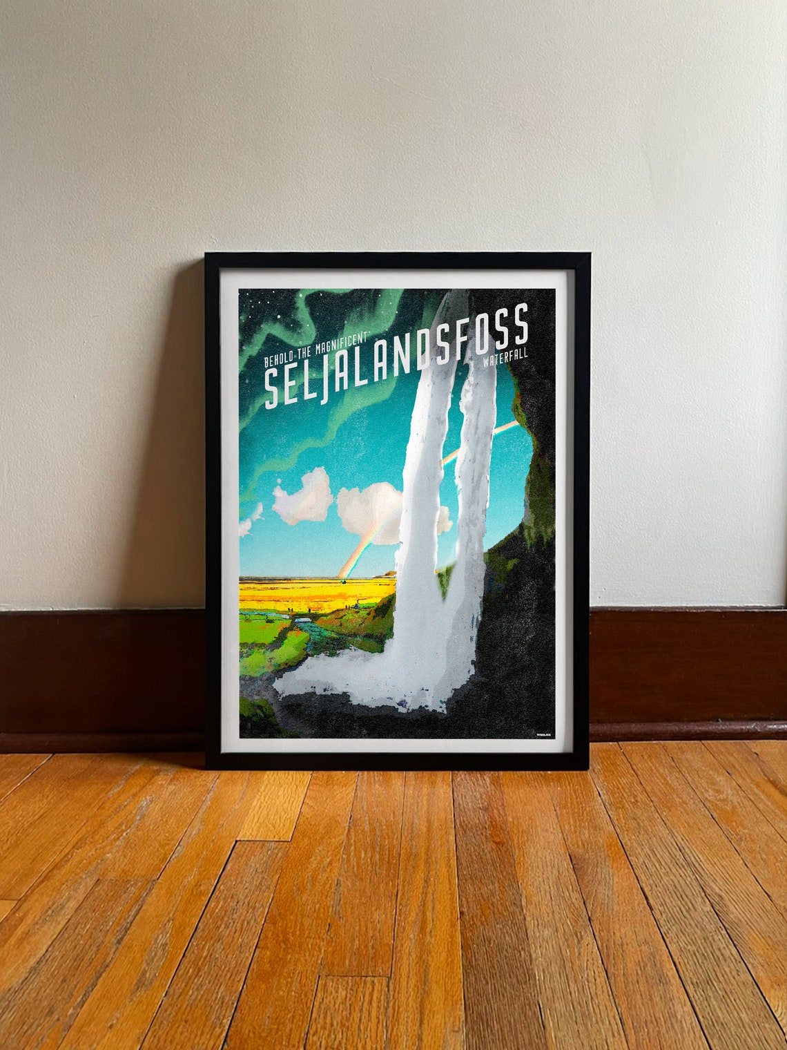 Iceland Seljalandsfoss Waterfall Rainbow Night Vintage Travel Poster