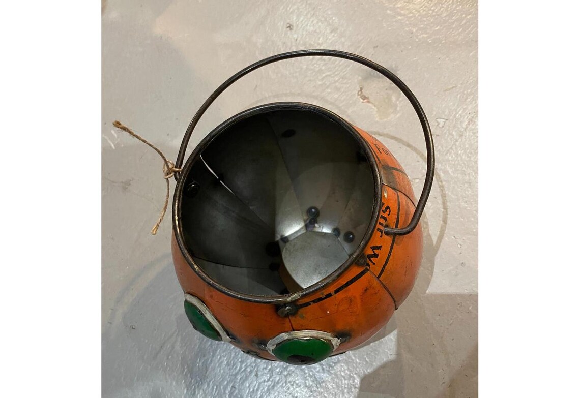 Round Pumpkin Face Metal Bucket Rustic Jack O Lantern Halloween Candy Pail - Image 3