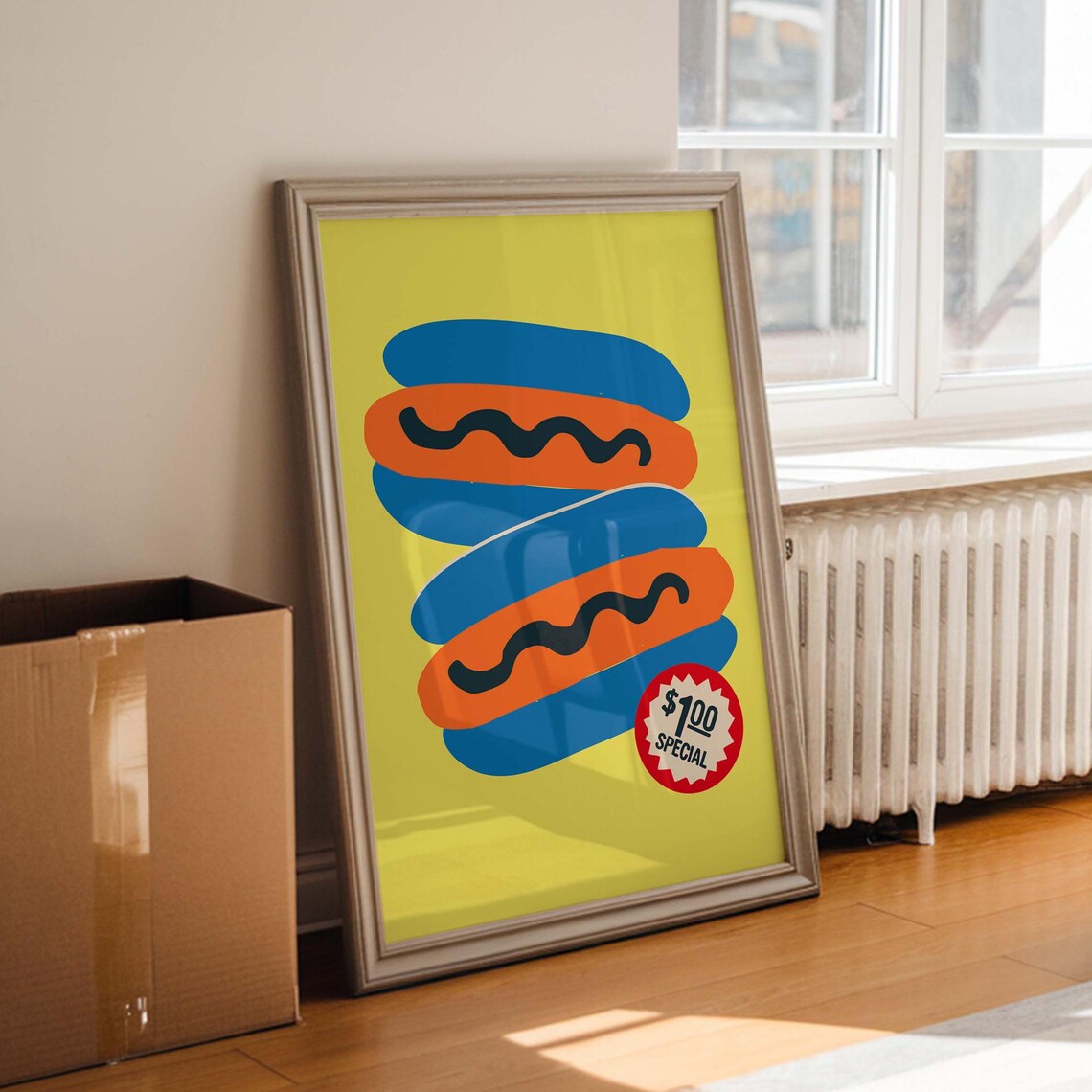 Playful Hot Dog Kitchen Poster Blue Buns Yellow 1 Dollar Special Art