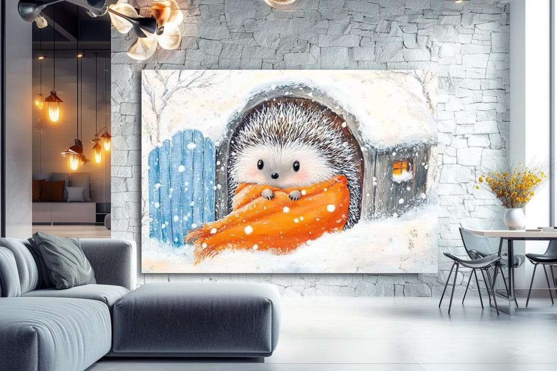 "When Winter Is Outside" Cute Hedgehog In Orange Scarf Snow Poster