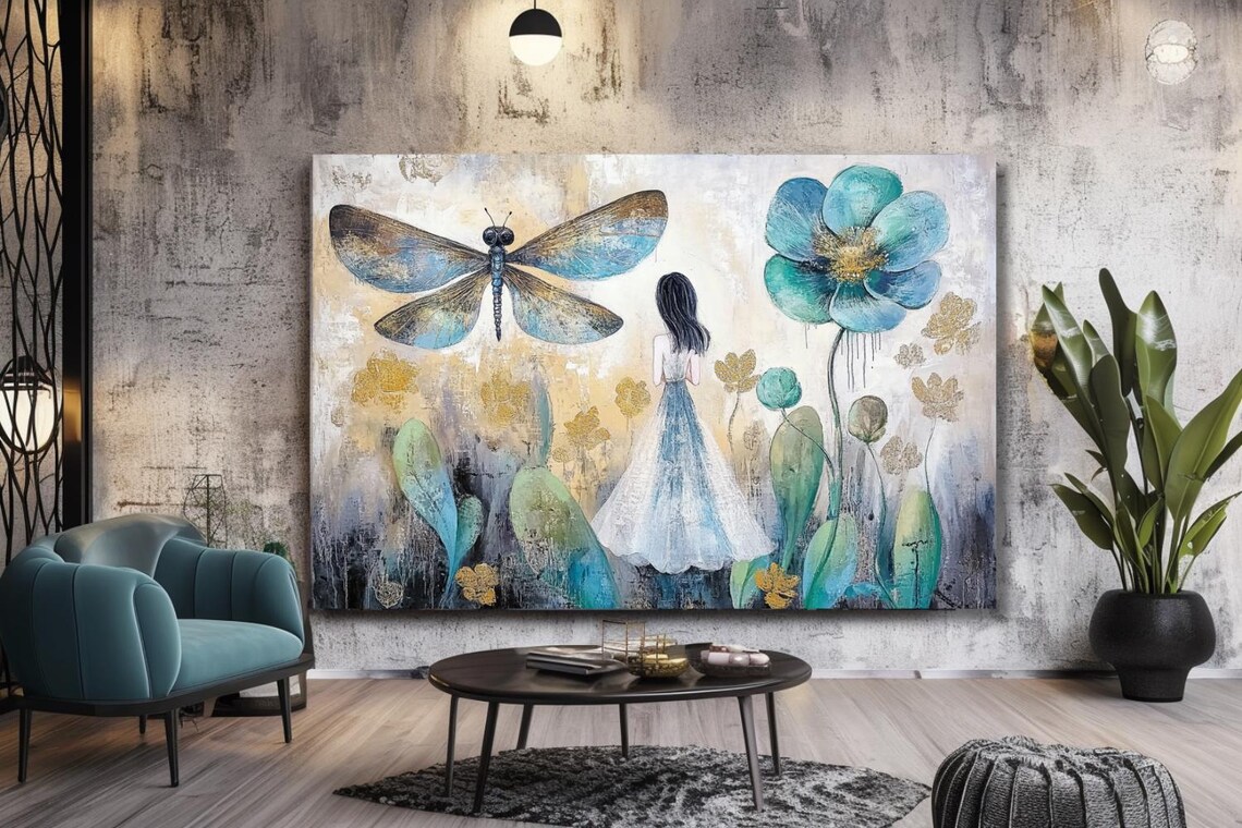 Girl Among Giant Flowers with Blue Dragonfly Fantasy Painting Poster