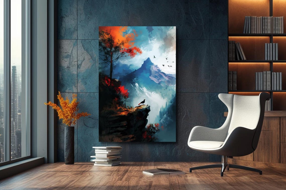 Misty Mountain Peak With Bird On Cliff Landscape Painting Poster