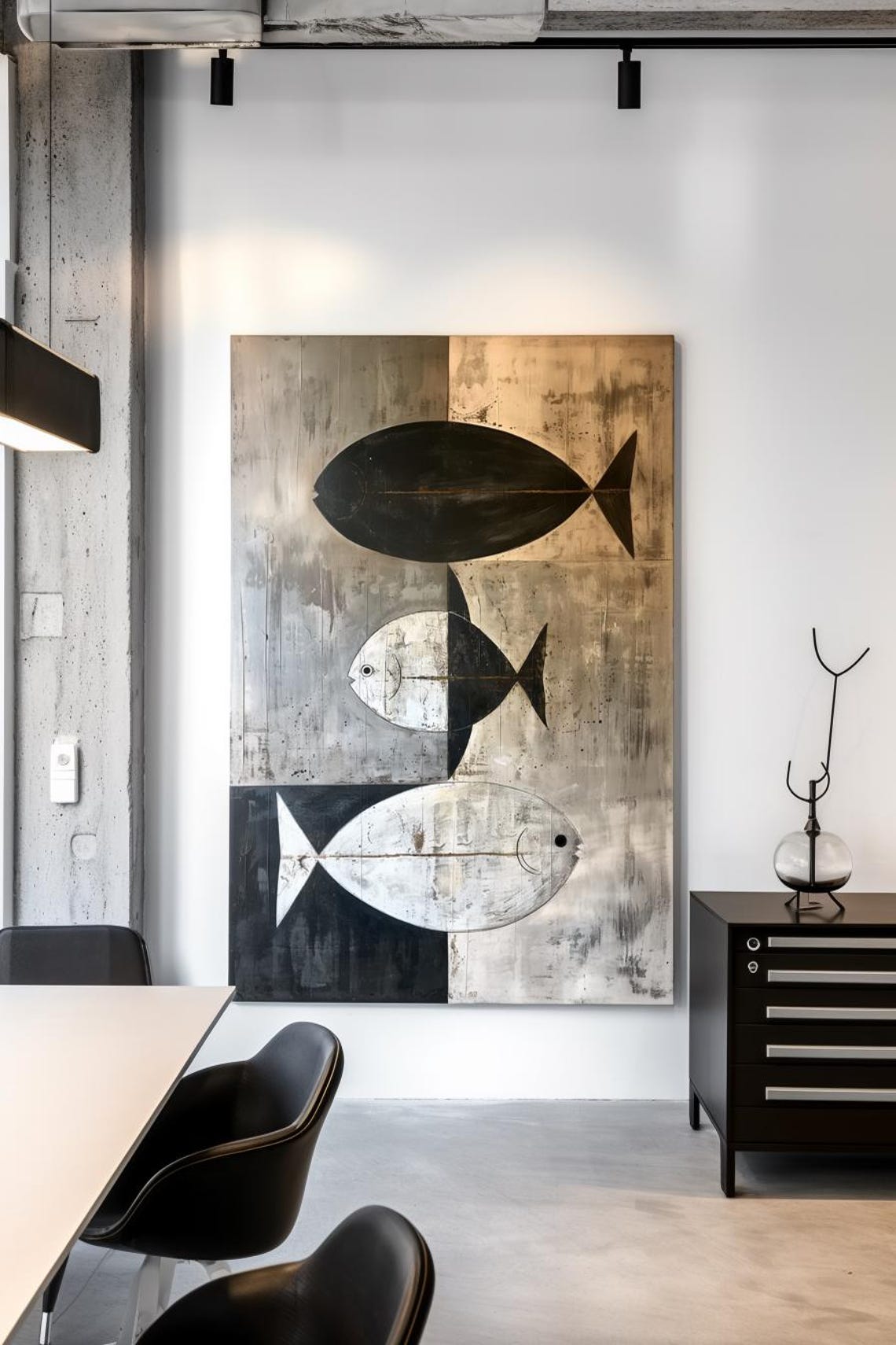 Flow Three Fish In Black White And Gold Abstract Painting Poster