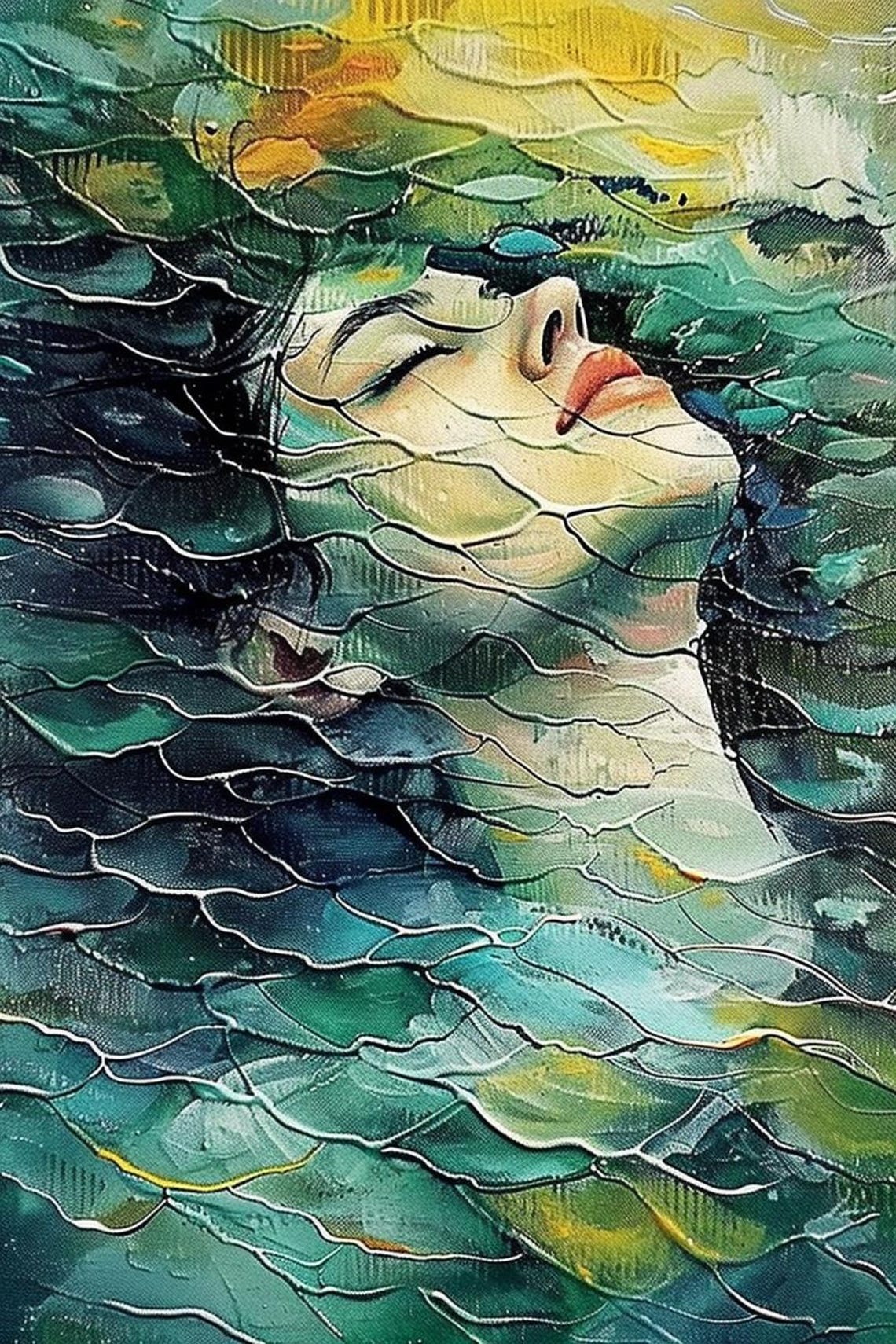Dreamy Woman's Face Dissolving Into Teal Ocean Waves Art Poster - Image 2