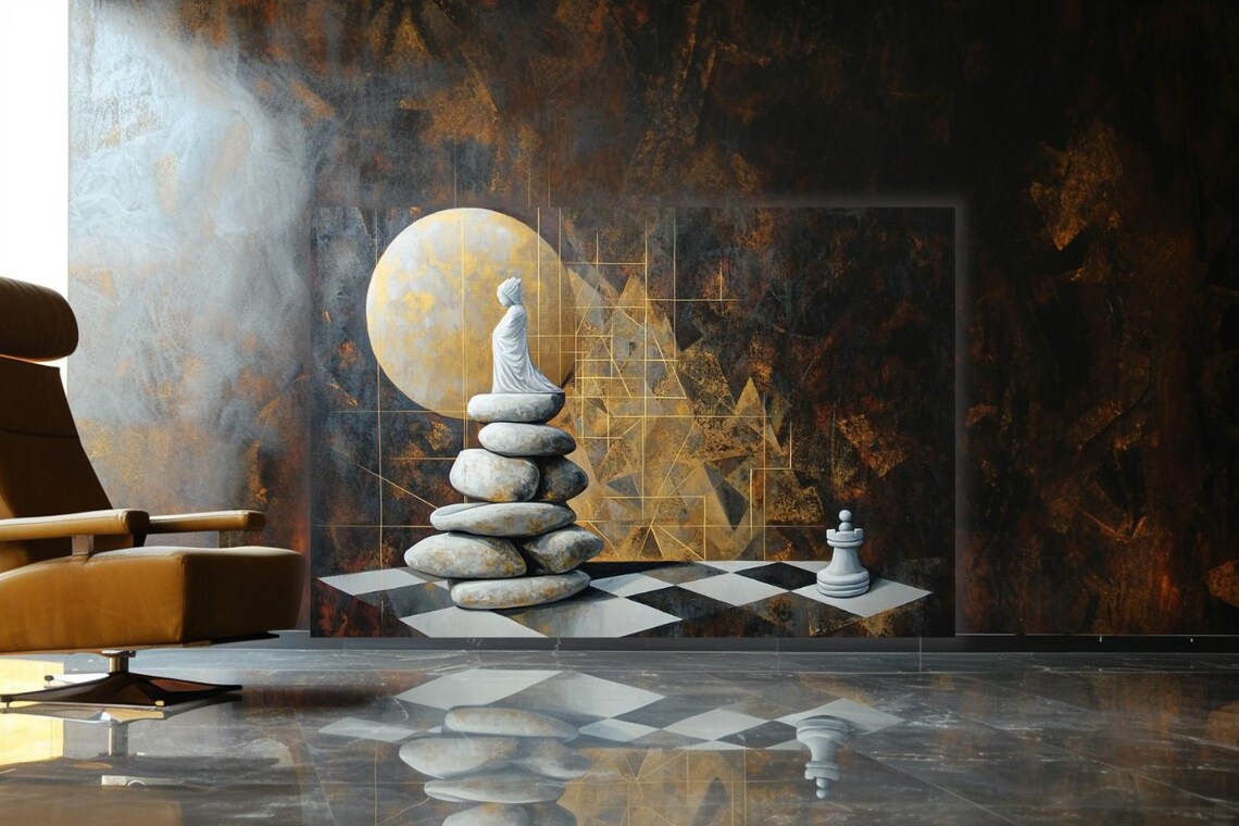 Woman Atop Stone Cairn Beneath Giant Moon Surreal Painting Poster - Image 2