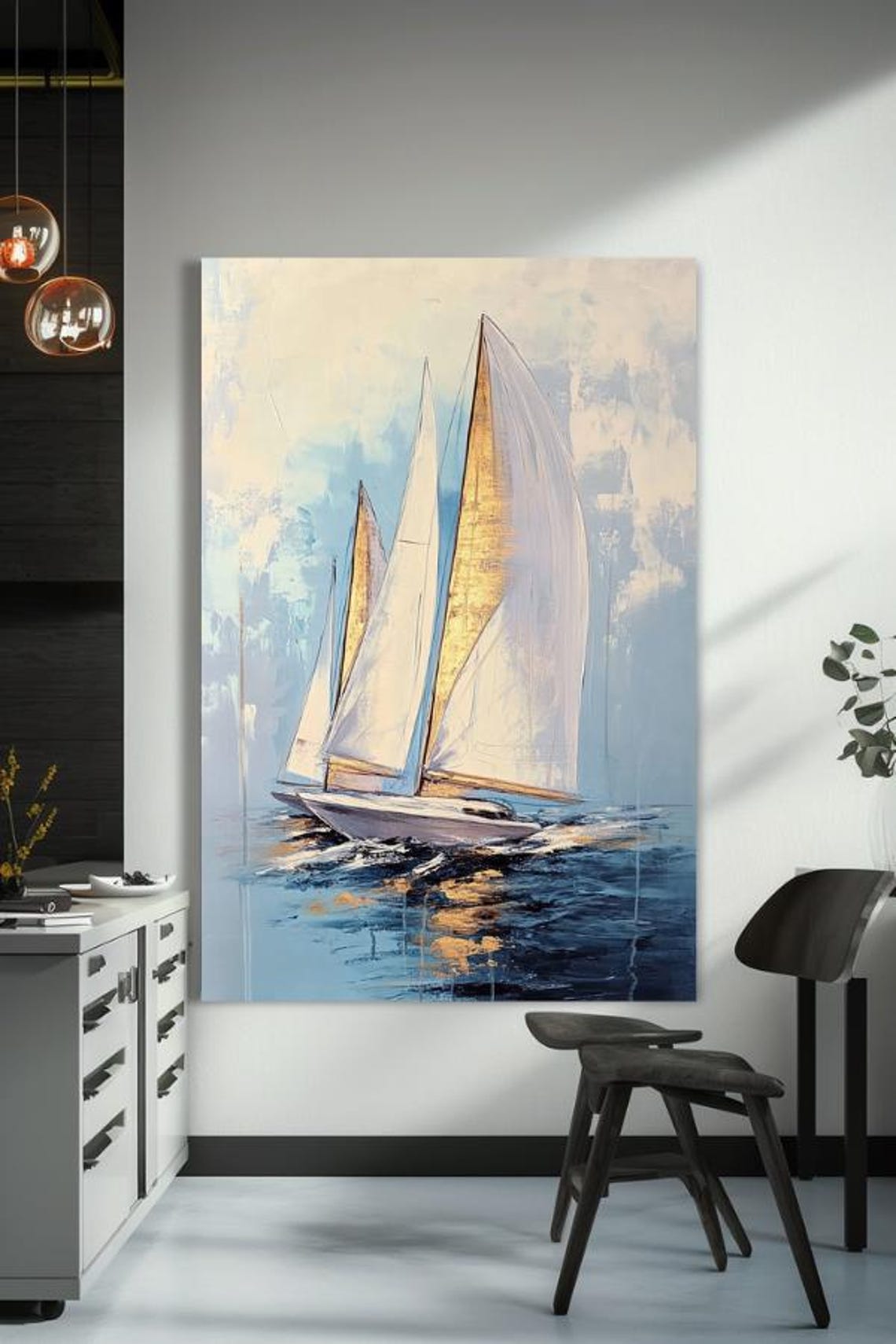 White Sailboat with Golden Sails on Blue Sea Painting Poster - Image 3