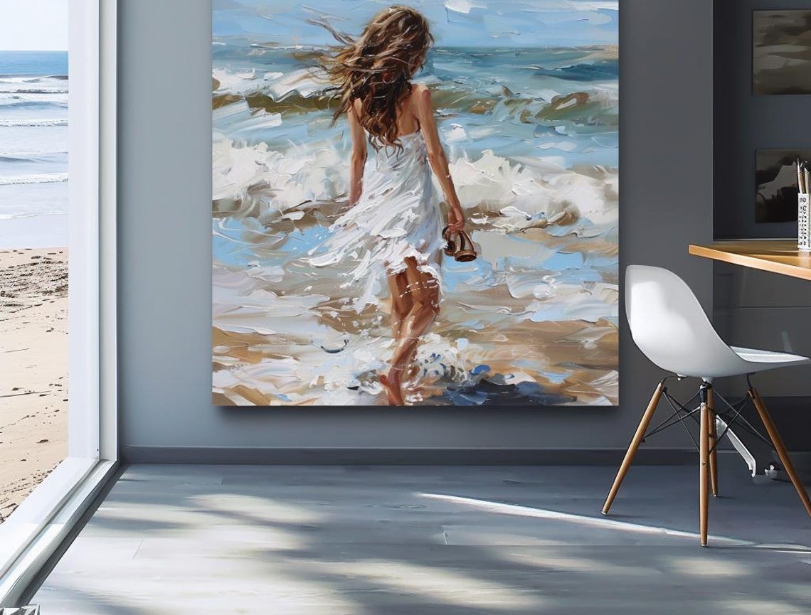 Woman Walking Into Sea Waves Impressionist Beach Ocean Art Poster
