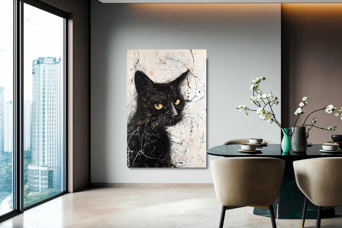 Black Cat With Golden Eyes Expressive Splatter Art Portrait Poster - Image 3