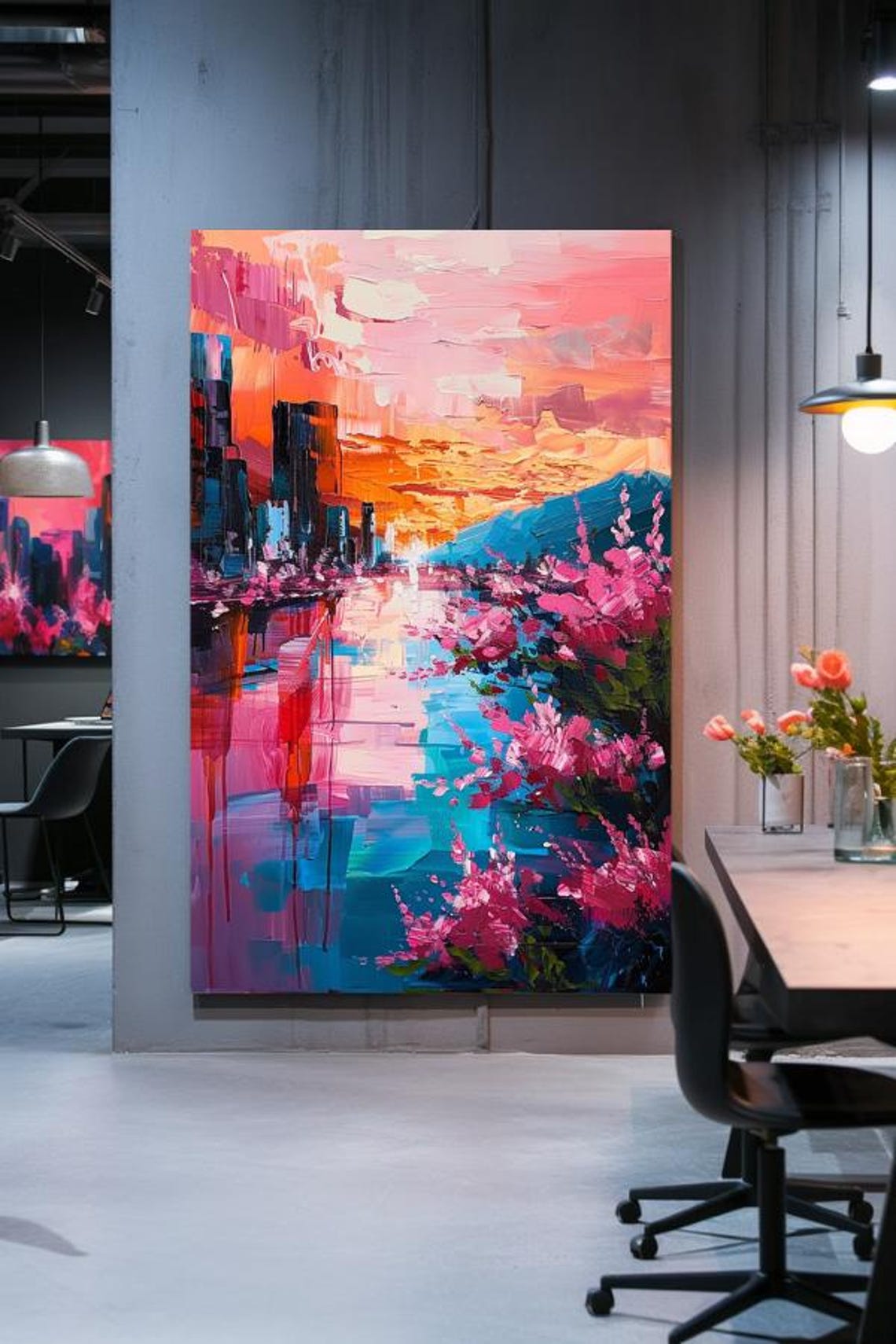 Vibrant City Sunset Reflection With Pink Blossoms Painting Poster
