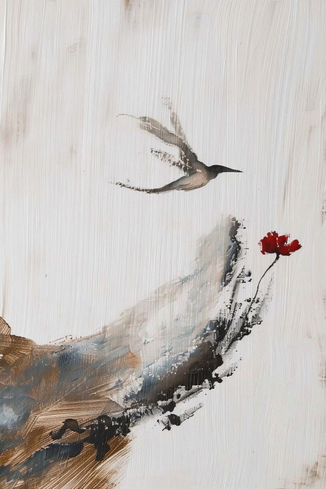 Flying Bird and Red Flower Minimalist Ink Brush Painting Poster - Image 2