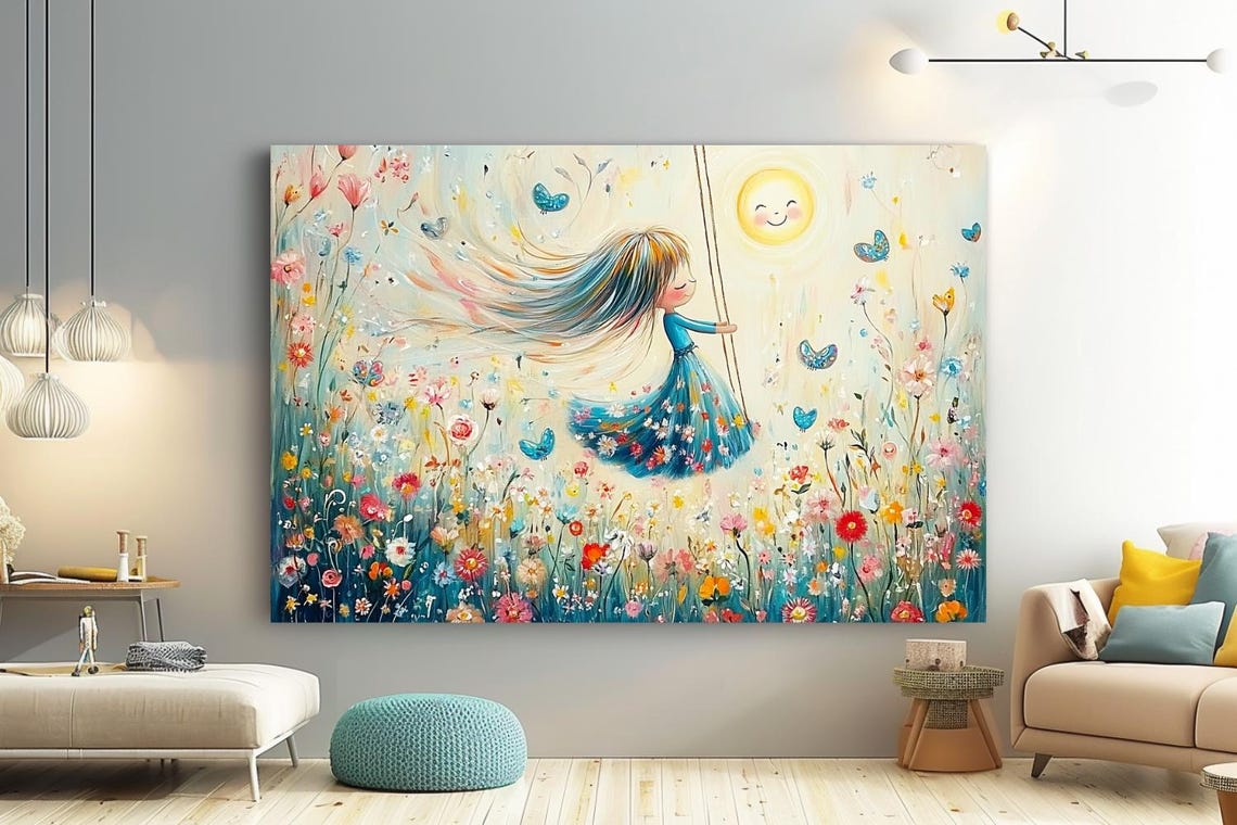 Dream Swing Girl On Swing Among Wildflowers Whimsical Poster - Image 2