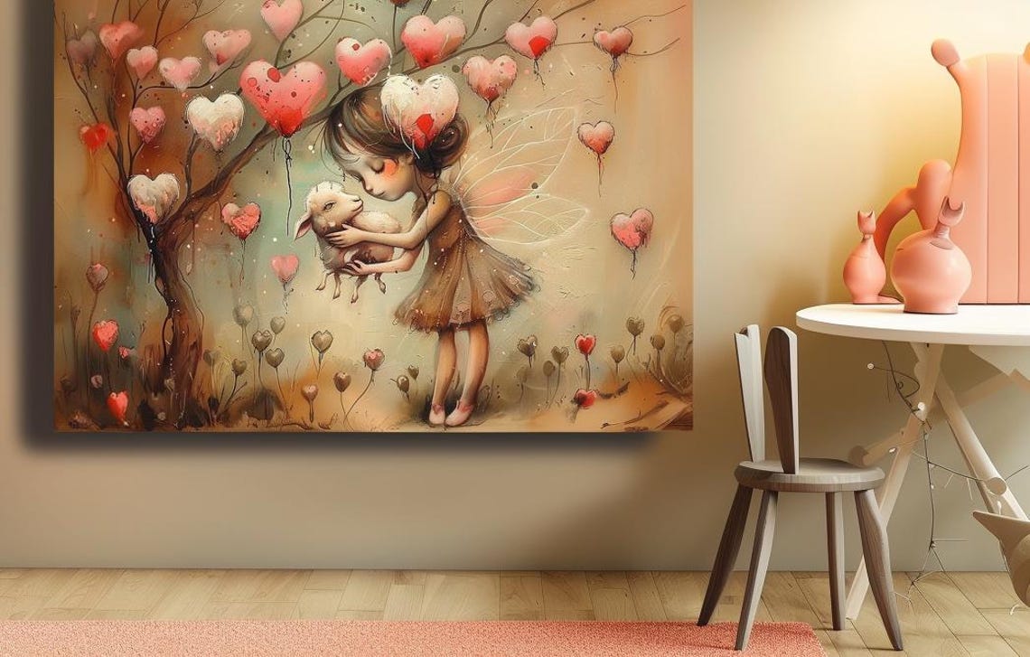 Fairy Girl Hugging Lamb Under a Tree of Pink Hearts Kids Poster