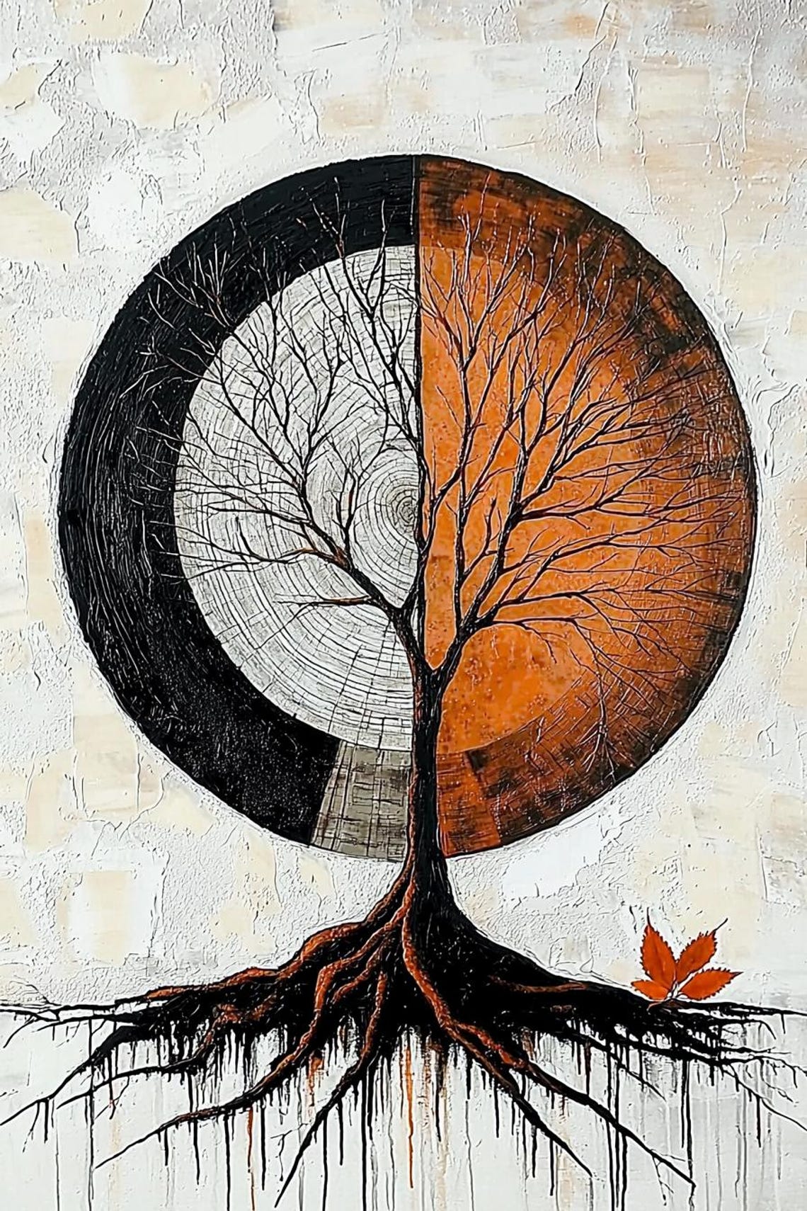 Tree Of Life In Split Black And Orange Circle Abstract Poster - Image 2