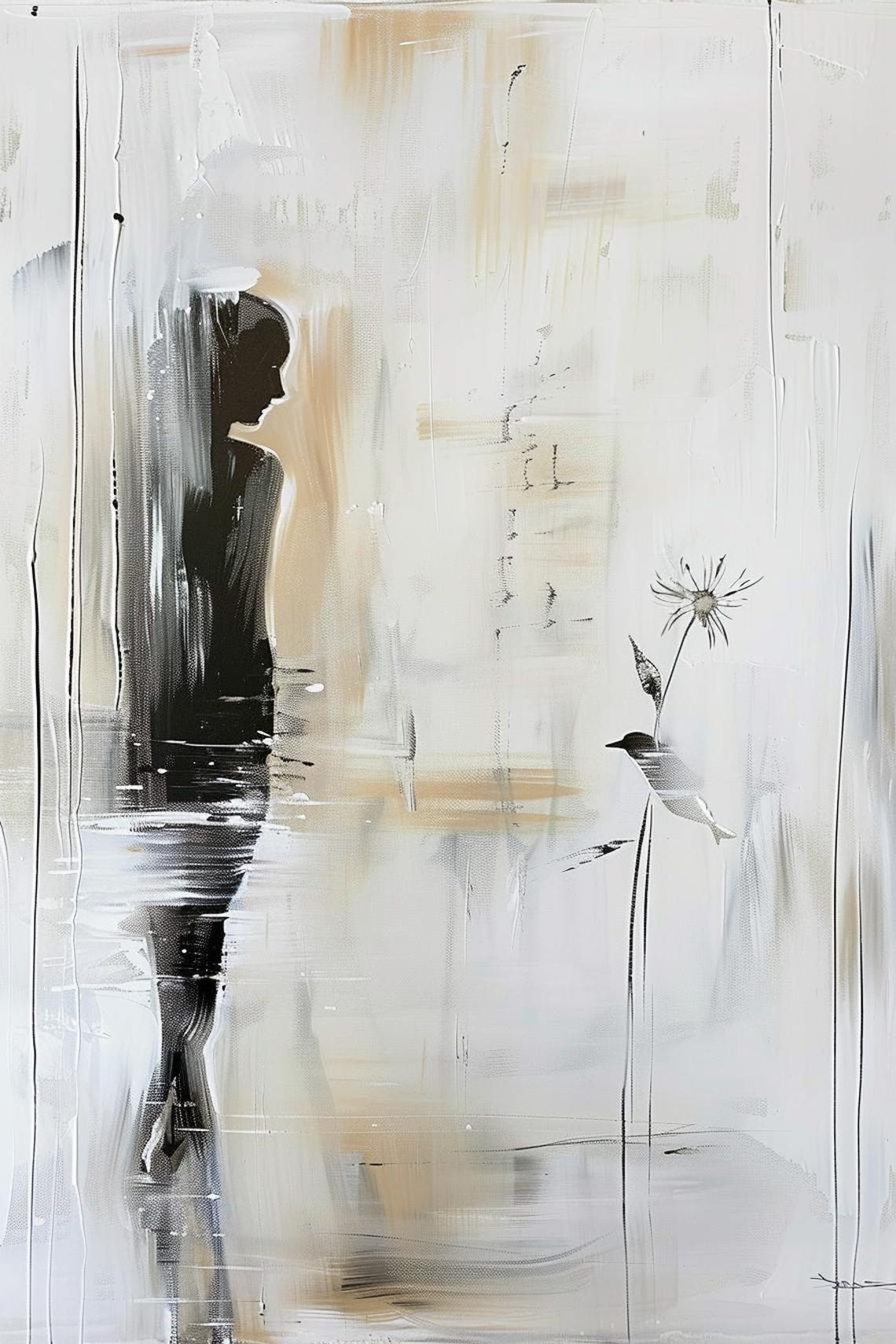 Silhouetted Woman with Bird in White Abstract Painting Poster - Image 2