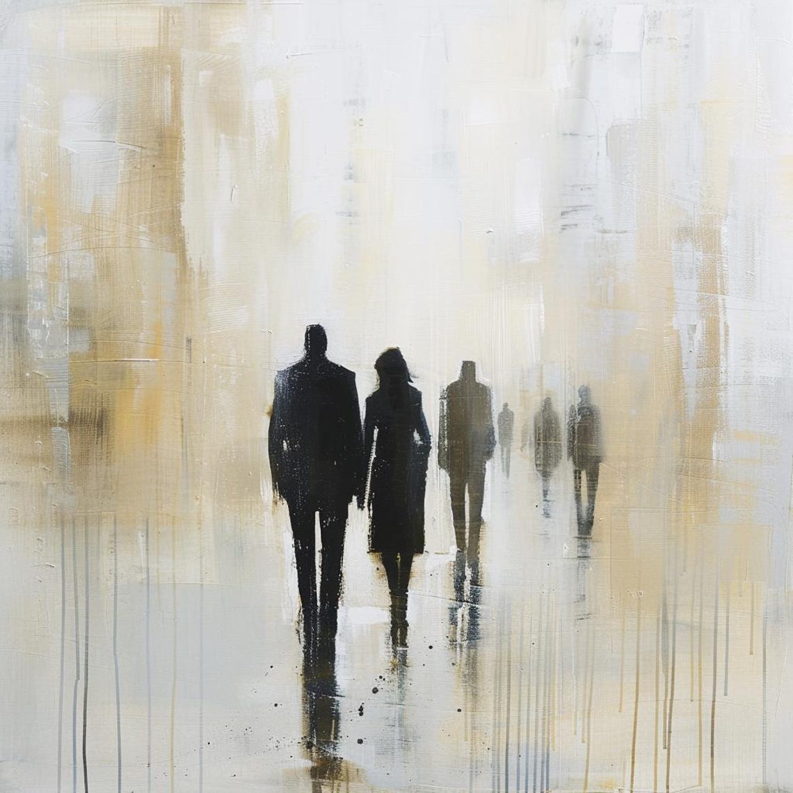 Silhouettes Walking Away Into Golden Mist Minimalist Art Poster - Image 2