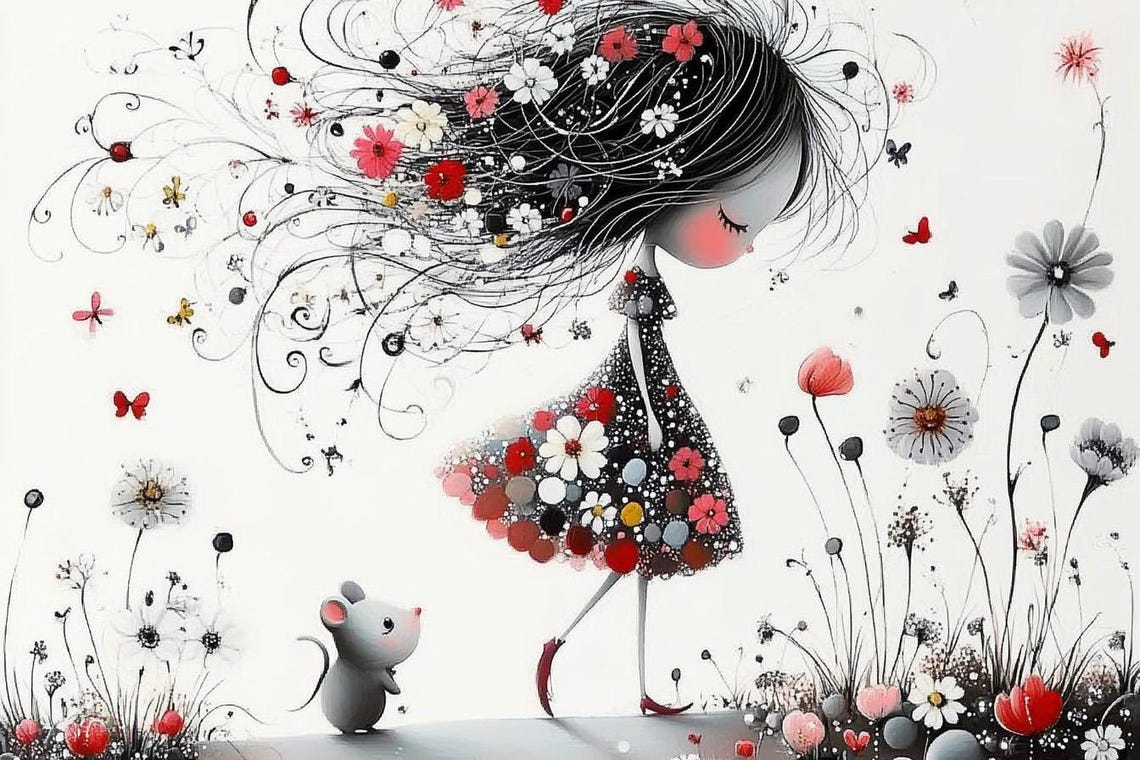 Whimsical Girl with Flower Hair and Mouse in Wildflower Meadow Poster - Image 3