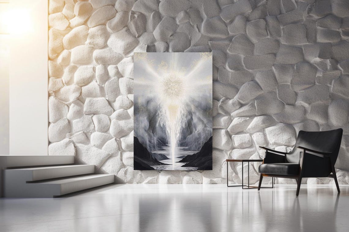 Beam of Light Waterfall in Misty Mountains Abstract Painting Poster - Image 3