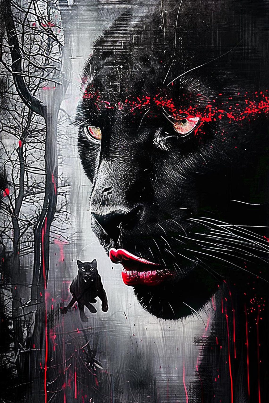 Black Panther Face Close Up With Red Drips And Small Cat Poster - Image 2