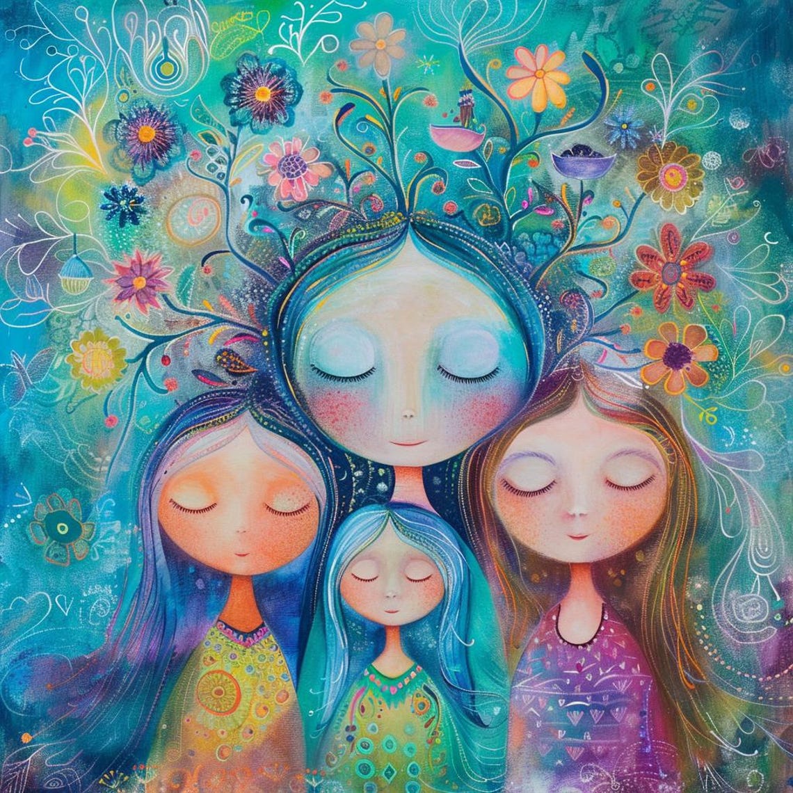 Four Serene Girls with Blooming Flower Hair Whimsical Teal Art Poster - Image 3