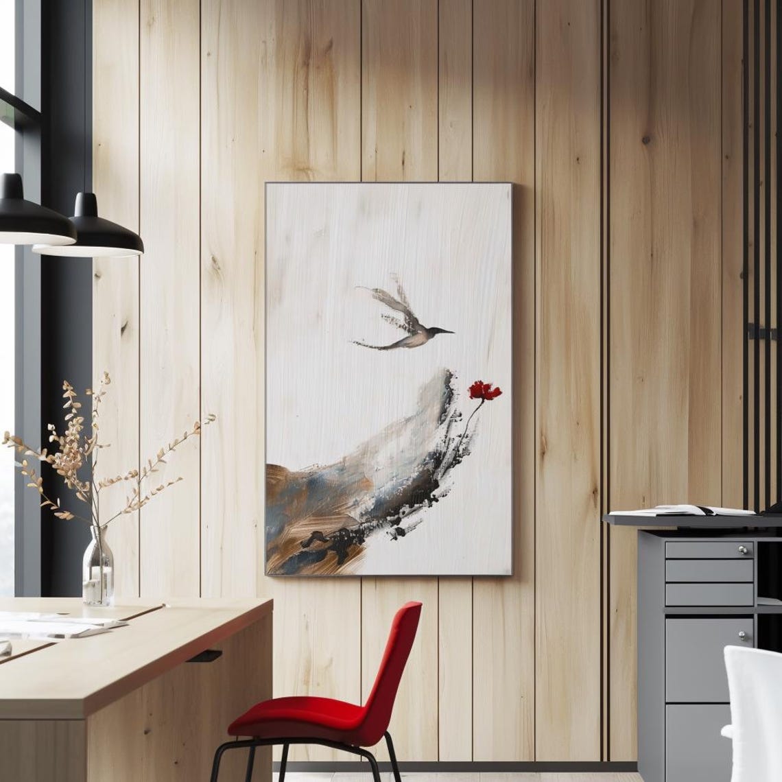 Flying Bird and Red Flower Minimalist Ink Brush Painting Poster