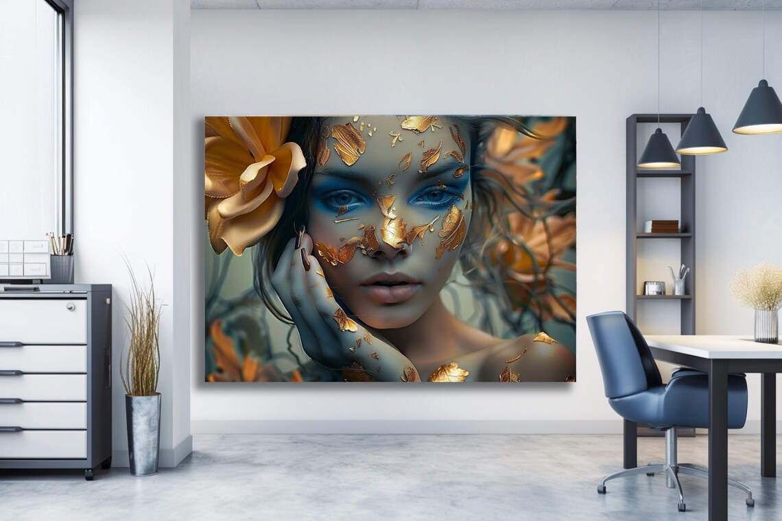 Woman Face With Gold Leaf Flakes And Peach Rose Floral Poster - Image 3
