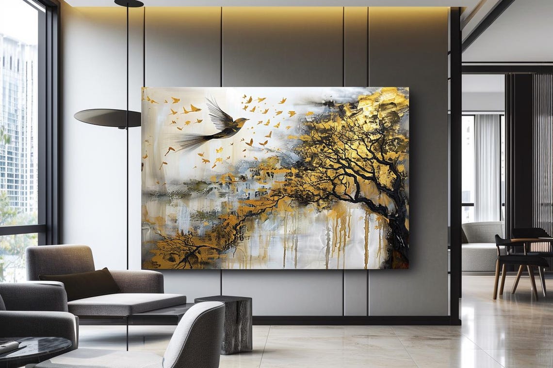 Message Golden Tree With Flying Bird Monochrome Abstract Poster
