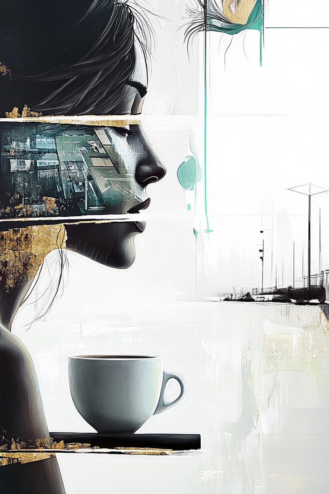 New Day Woman Profile Coffee Cup City Collage Abstract Art Poster - Image 2