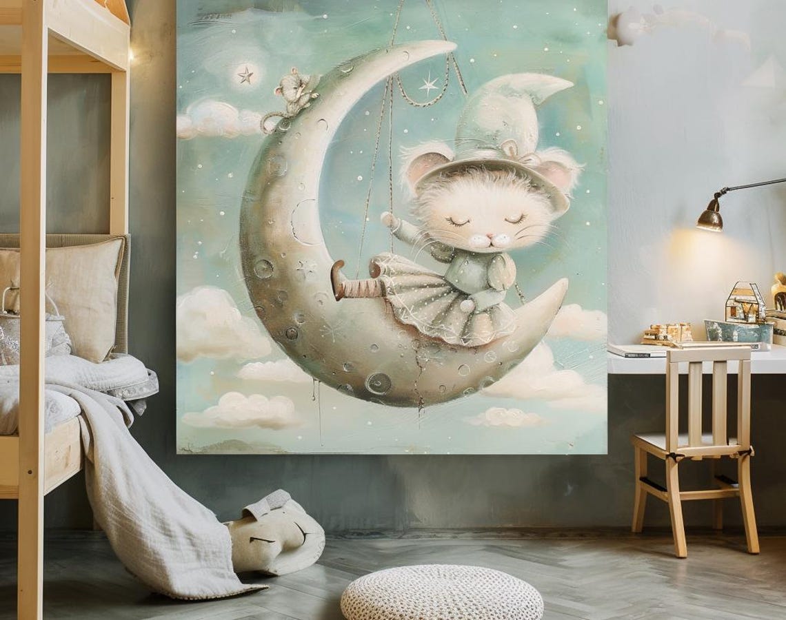 Sleepy Kitten in Nightcap Swinging on a Crescent Moon Poster - Image 3