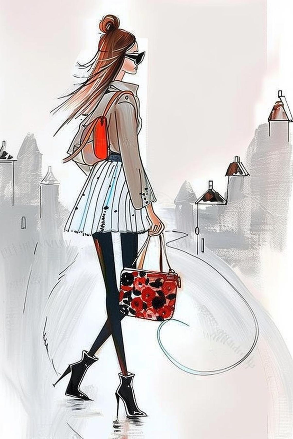 Fashion Illustration Of Red Haired Woman With Floral Bag Poster - Image 2