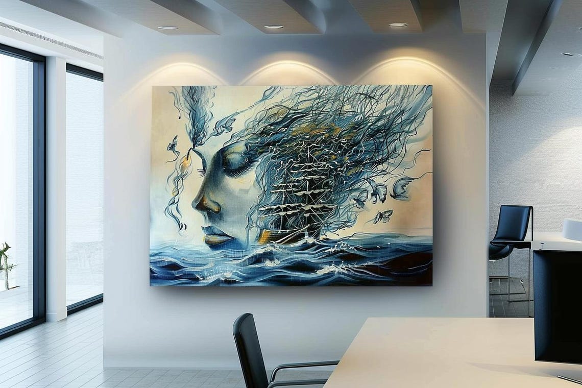 Woman Profile with Hair Becoming Ocean Waves and Tall Ship Poster