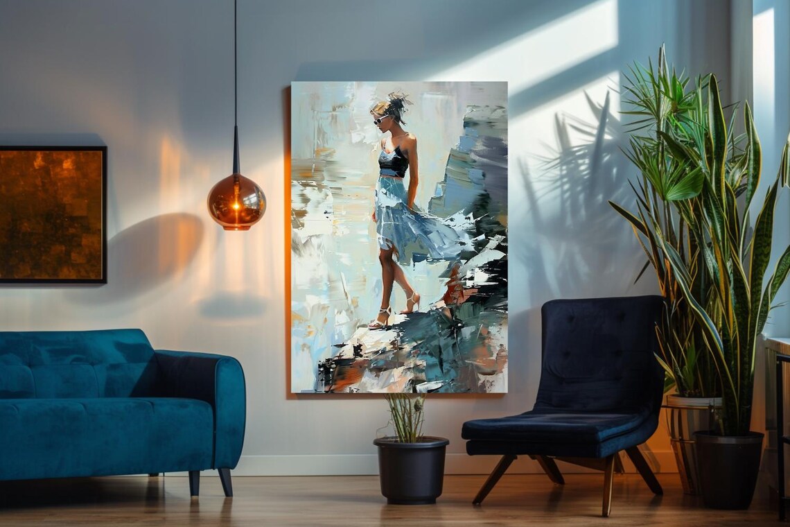Woman In Blue Skirt Walking Along Rocky Shore Impressionist Poster