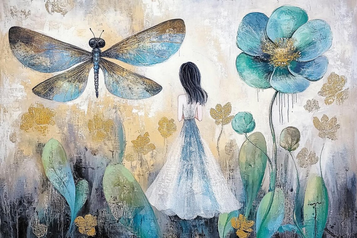 Girl Among Giant Flowers with Blue Dragonfly Fantasy Painting Poster - Image 2