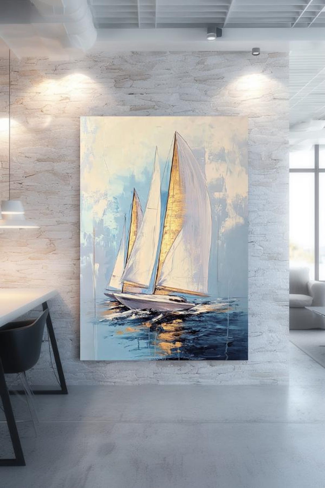 White Sailboat with Golden Sails on Blue Sea Painting Poster