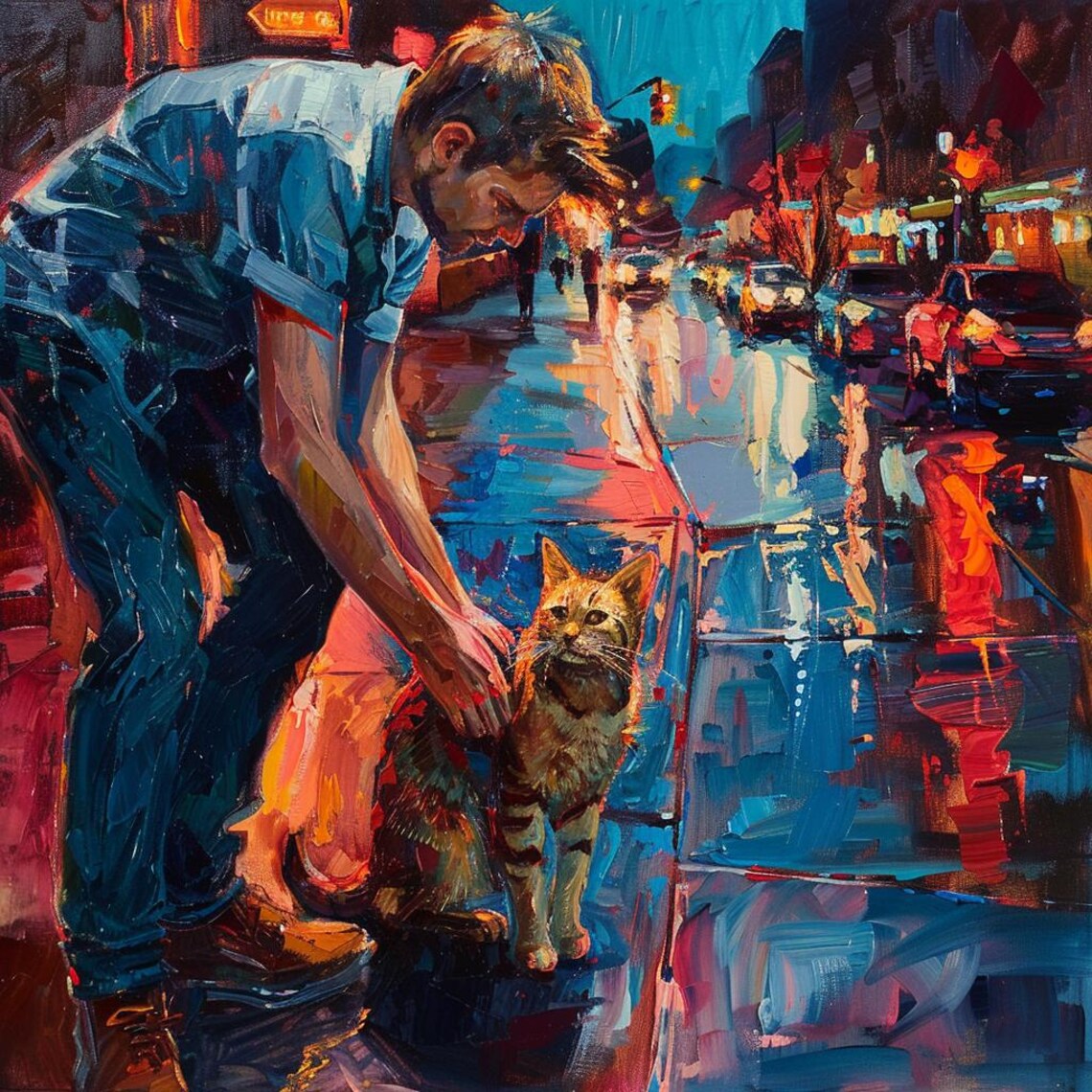 Man Petting Cat On Rainy City Street Night Oil Painting Poster - Image 2