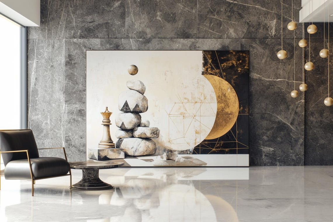 Surreal "Choice" Chess King And Balanced Stones With Gold Orb Poster