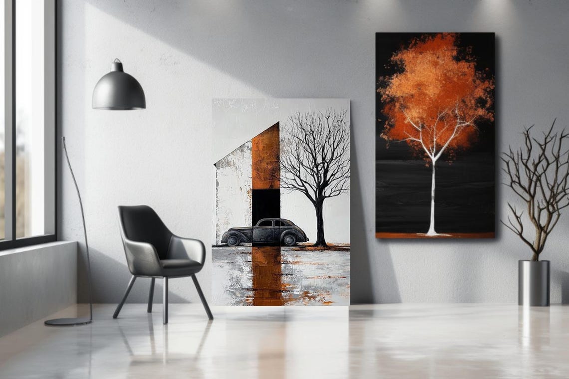 Vintage Black Car Under Bare Tree Orange Door Scene Art Poster - Image 2