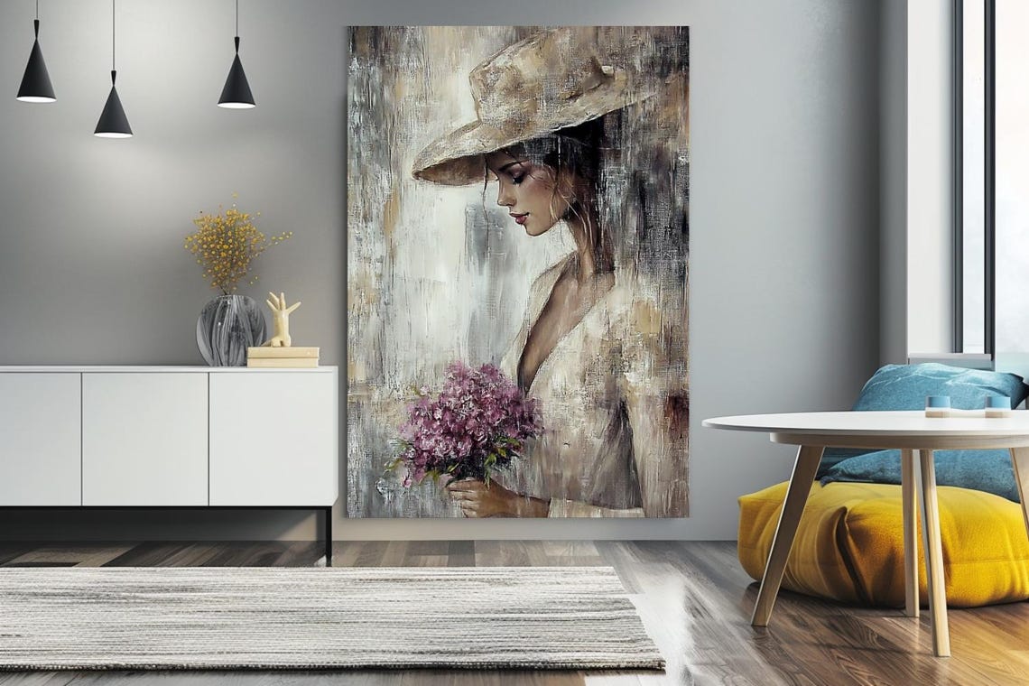 Woman In Straw Hat Holding Lilac Bouquet In Soft Rain Poster - Image 2
