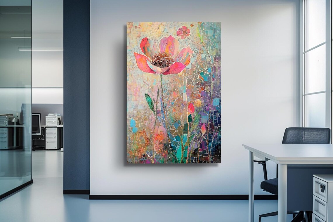 Mosaic Pink Poppy Flower In Dreamy Pastel Botanical Nature Poster - Image 3