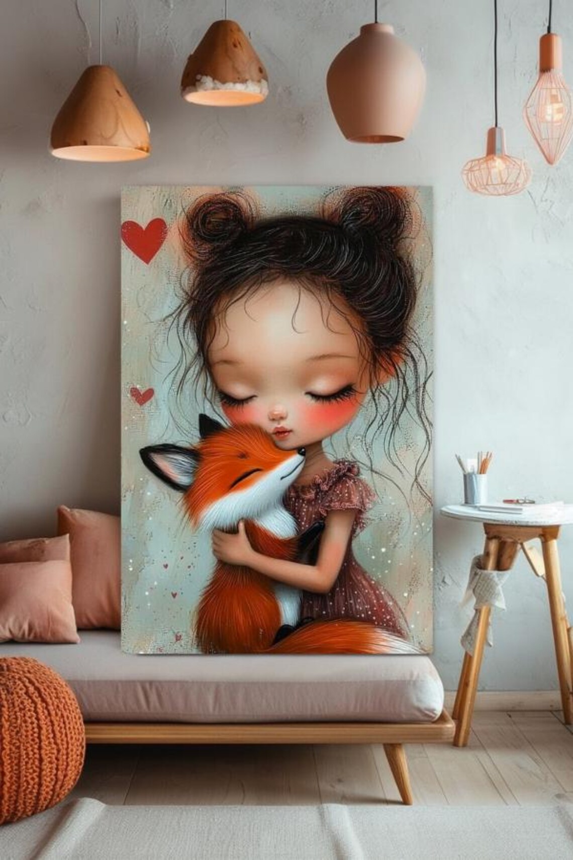 Little Girl Hugging Fox With Red Hearts Tender Illustration Poster - Image 2