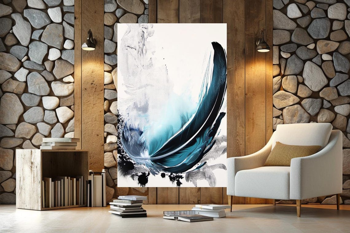 Single Teal Feather On White Minimalist Abstract Watercolor Poster - Image 3