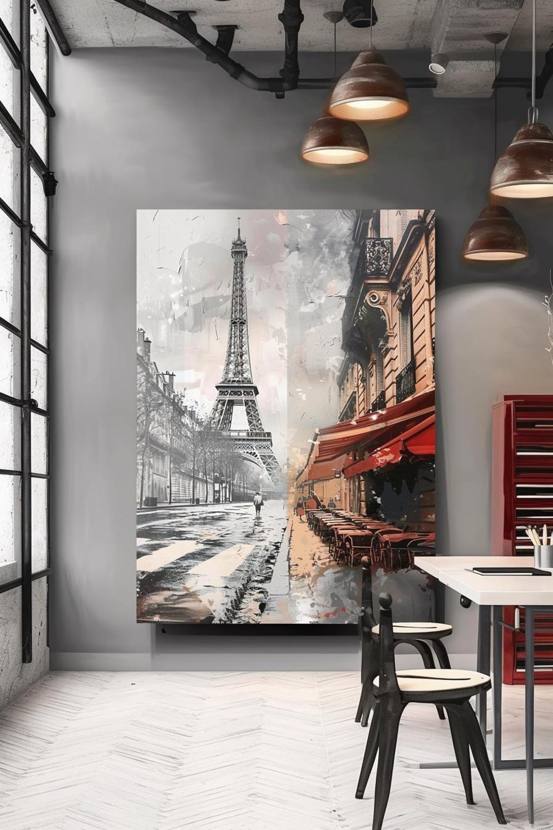 Rainy Paris Street With Eiffel Tower And Red Cafe Awnings Poster