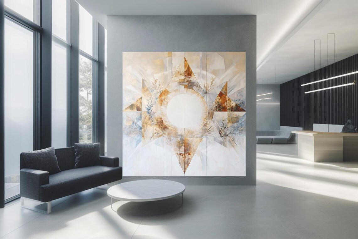 Golden Geometric Starburst with Sun Center Abstract Painting Poster