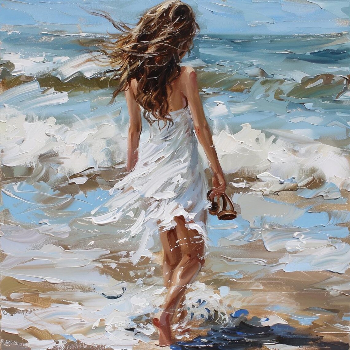 Woman Walking Into Sea Waves Impressionist Beach Ocean Art Poster - Image 2