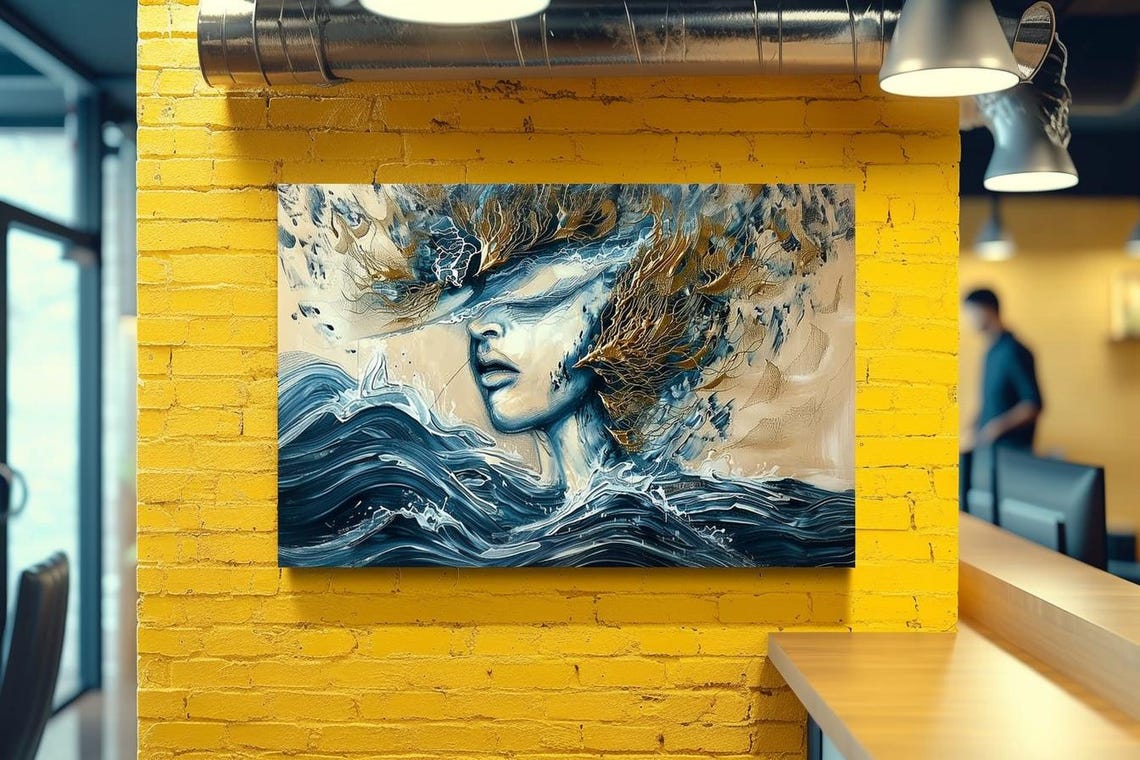 Woman Emerging From Ocean Waves Blue Abstract Seascape Poster - Image 3