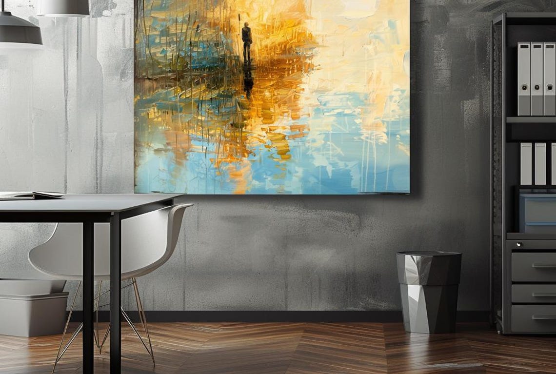 Lone Figure Walking Through Golden Rain Reflection Art Poster - Image 3