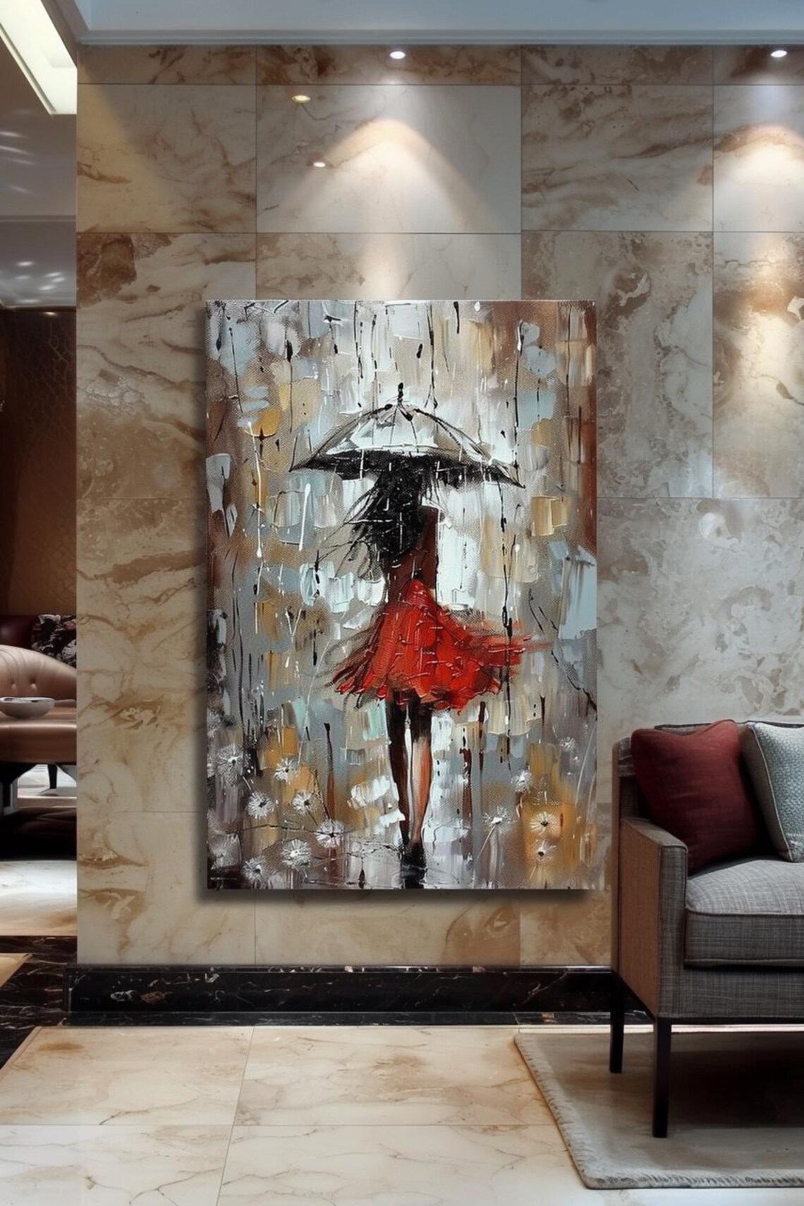 Woman in Red Dress with Umbrella in the Rain Painting Poster - Image 3
