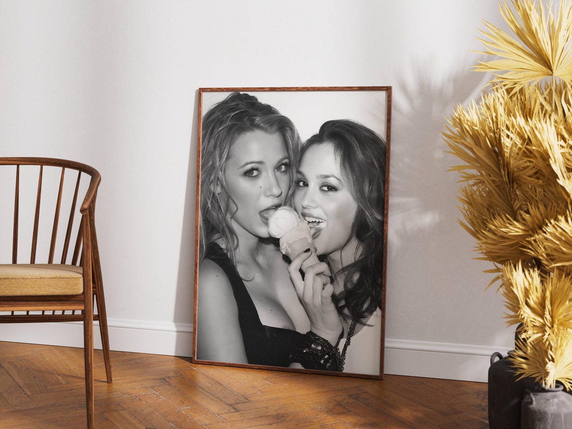 Best Friends Sharing an Ice Cream Cone Black and White Photo Poster